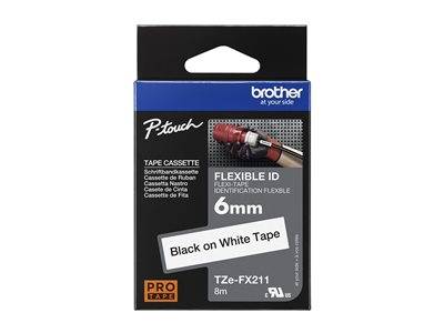 Brother P-touch' Etikettenband, schwarzer Text auf weißem Band, 6mm Breite, 8m Länge, Modell TZe-FX211, für flexible Beschriftungsanwendungen.