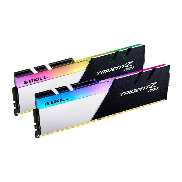 Zwei G.SKILL Trident Z Neo Speichermodule mit RGB-Beleuchtung, für hochleistungsfähiges Computing konzipiert, nebeneinander positioniert.