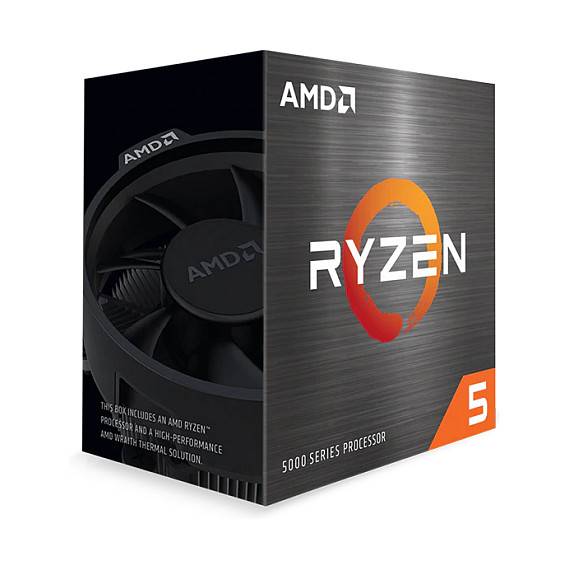 AMD Ryzen 5 5000er Prozessor-Box mit Logo und Produktname. Beinhaltet AMD Wraith Stealth Kühler.