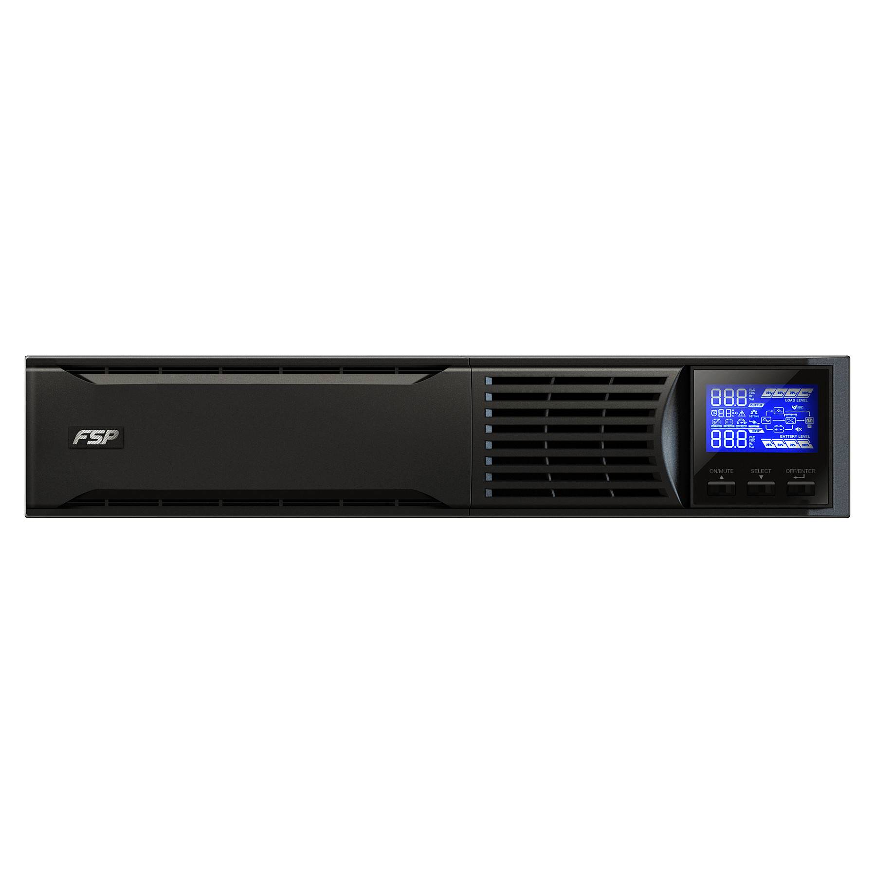 Ein schwarzer FSP-Rack-Serv mit einem digitalen Anzeigefeld auf der rechten Seite, das Systeminformationen und Einstellungen anzeigt.