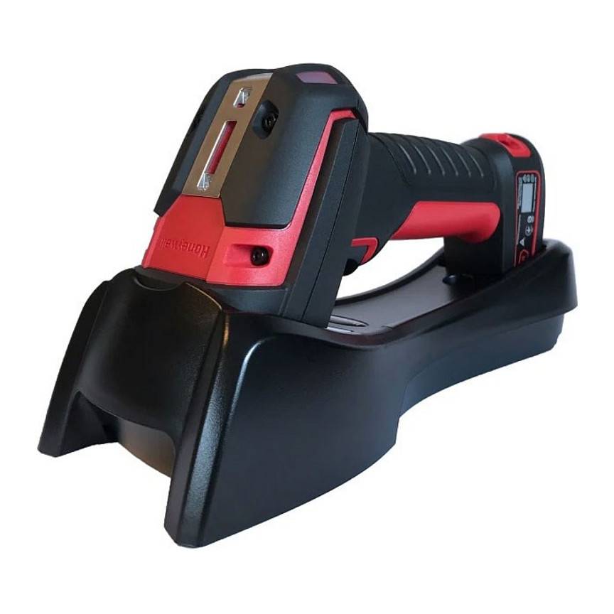 Rot-schwarz gehaltener Barcode-Scanner auf einer schwarzen Ladestation, entwickelt für Einzelhandels- und Bestandsverwaltungsanwendungen.