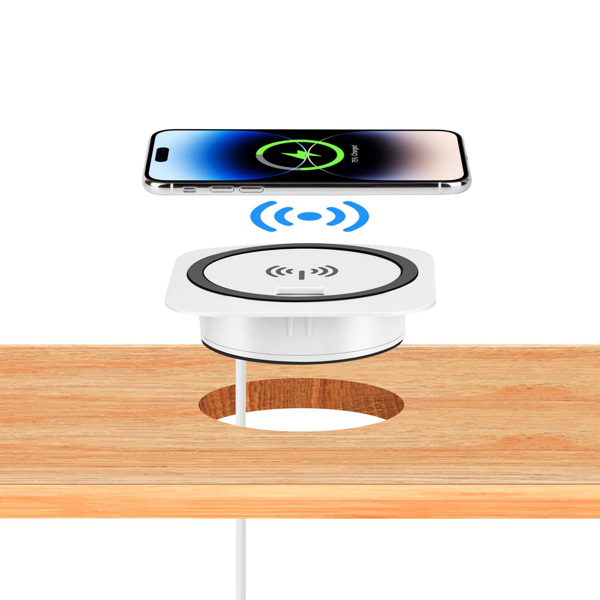 kalb | Einbau Schnellladegerät 15W, 7,5cm Ø, kabelloses Laden, 2x USB-Ports, Induktionsladegerät, weiß