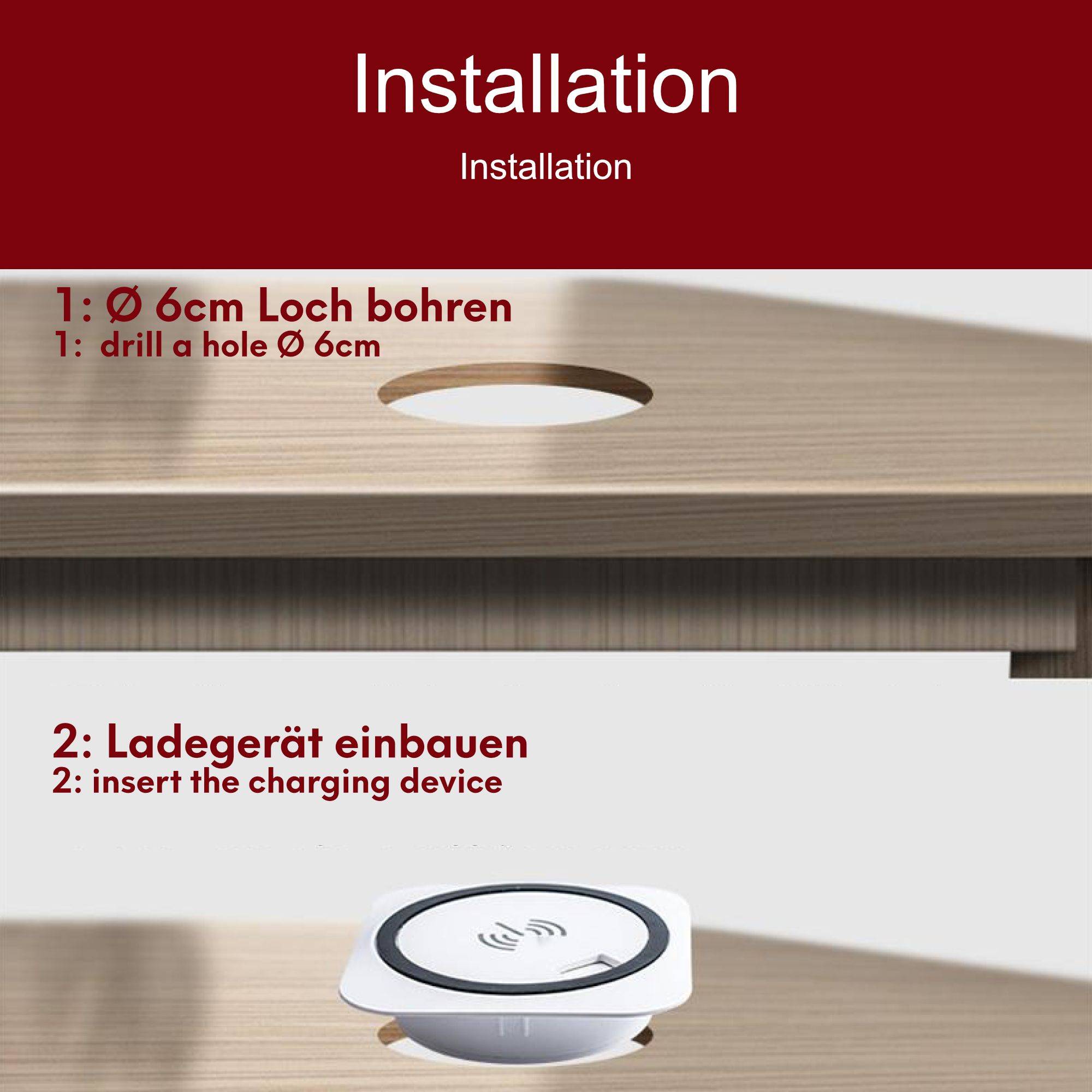 kalb | Einbau Schnellladegerät 15W, 7,5cm Ø, kabelloses Laden, 2x USB-Ports, Induktionsladegerät, weiß