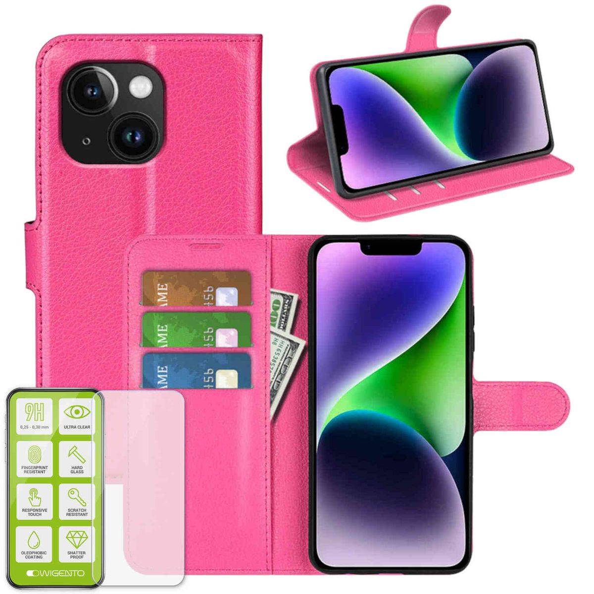 Für Apple iPhone 15 Produktset Handy Tasche Wallet + H9 Hart Glas Schutz Hülle Case Cover Etuis Zubehör Pink