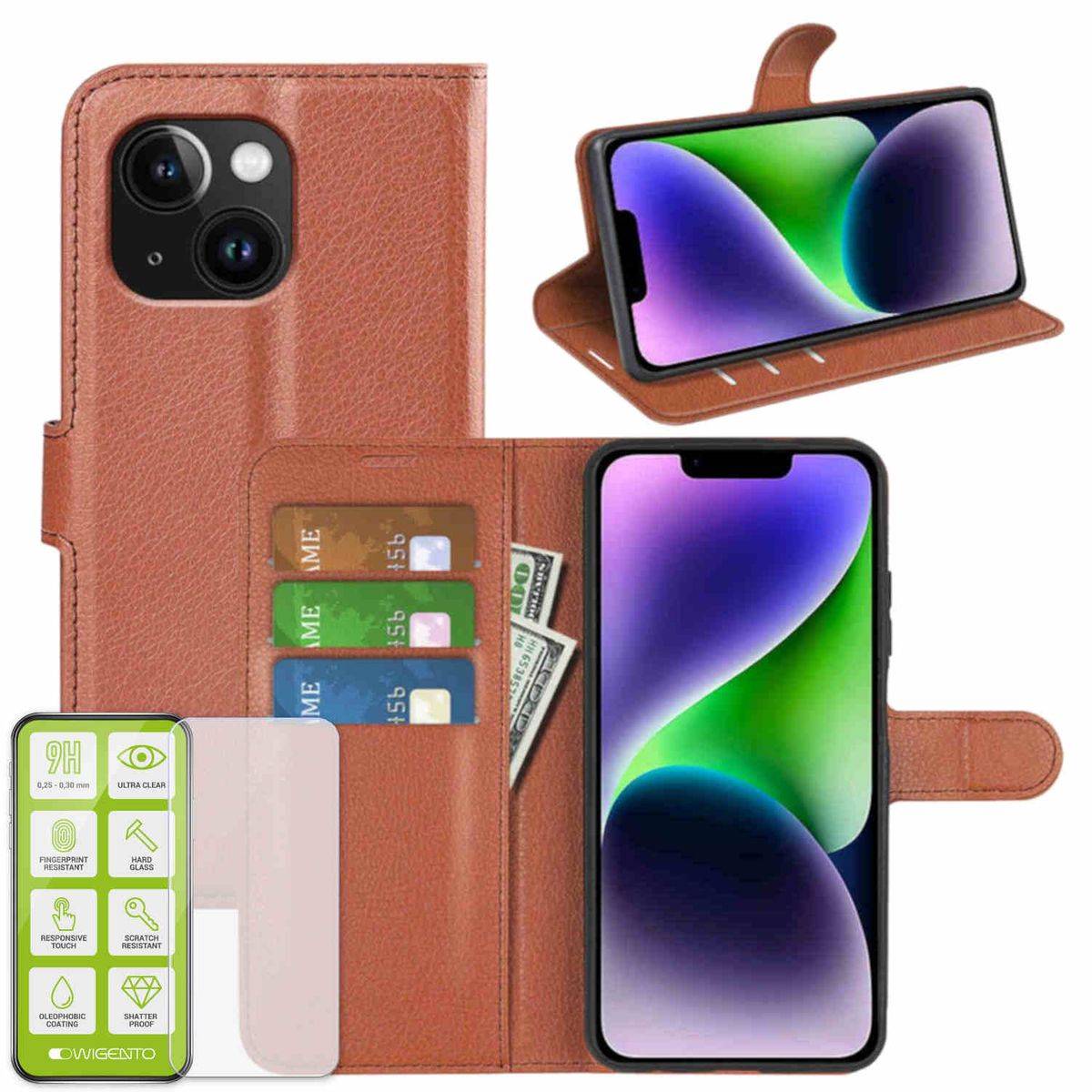 Für Apple iPhone 15 Produktset Handy Tasche Wallet + H9 Hart Glas Schutz Hülle Case Cover Etuis Zubehör Braun
