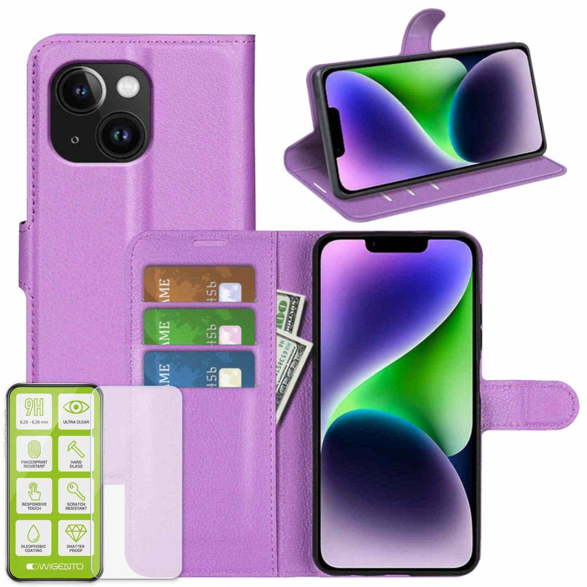 Für Apple iPhone 15 Produktset Handy Tasche Wallet + H9 Hart Glas Schutz Hülle Case Cover Etuis Zubehör Lila