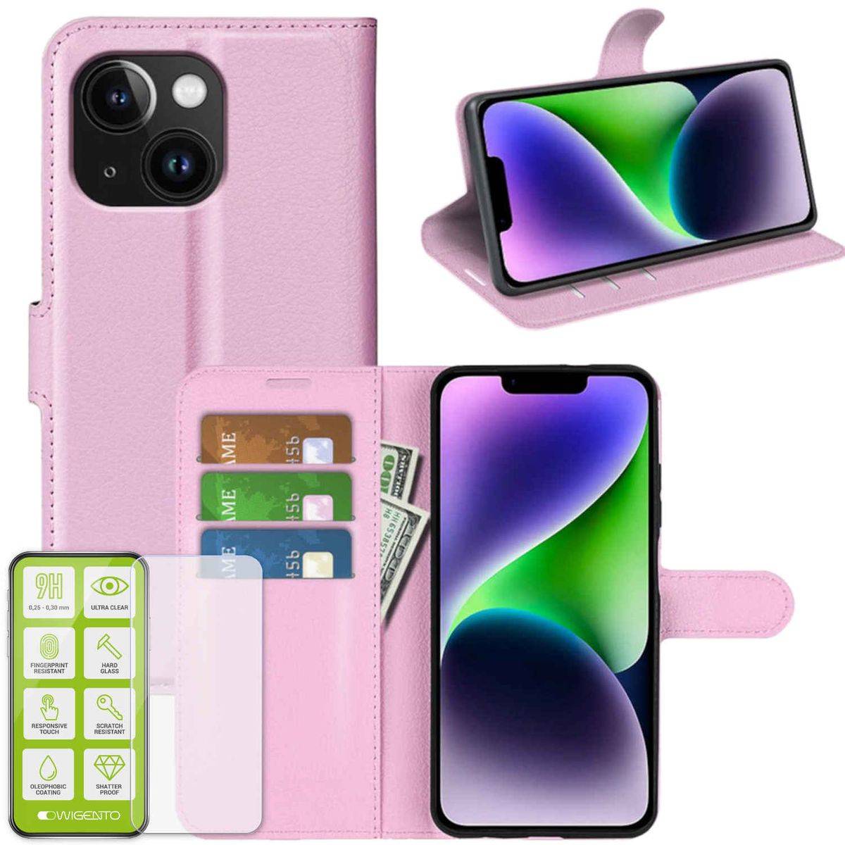 Für Apple iPhone 15 Produktset Handy Tasche Wallet + H9 Hart Glas Schutz Hülle Case Cover Etuis Zubehör Rosa