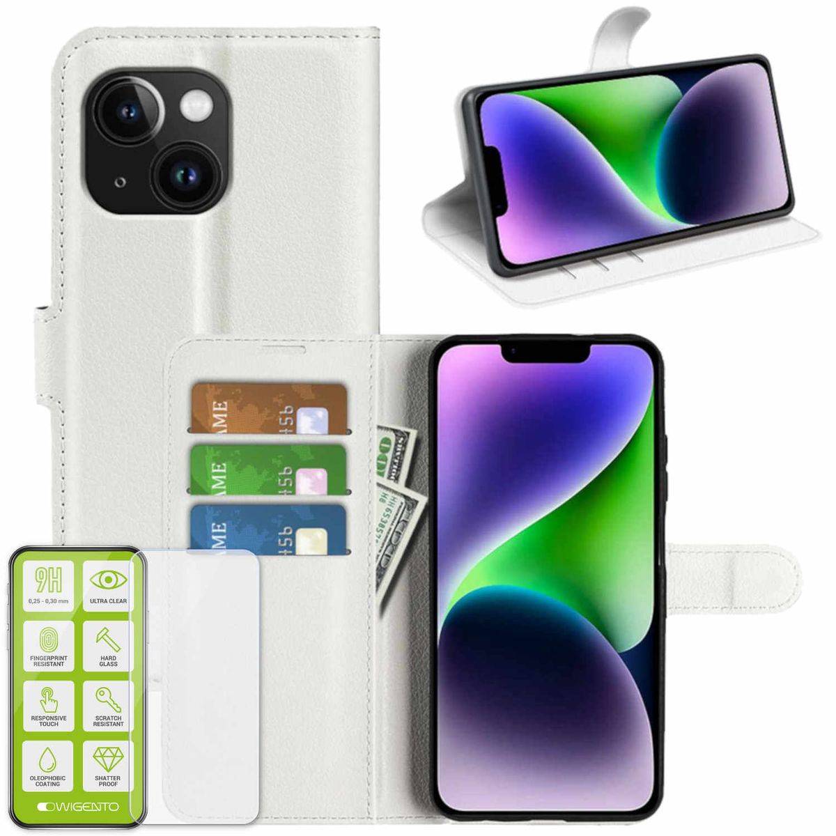 Für Apple iPhone 15 Produktset Handy Tasche Wallet + H9 Hart Glas Schutz Hülle Case Cover Etuis Zubehör Weiß