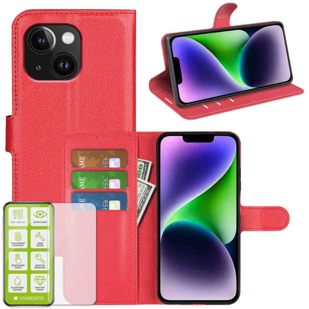 Für Apple iPhone 15 Produktset Handy Tasche Wallet + H9 Hart Glas Schutz Hülle Case Cover Etuis Zubehör Rot