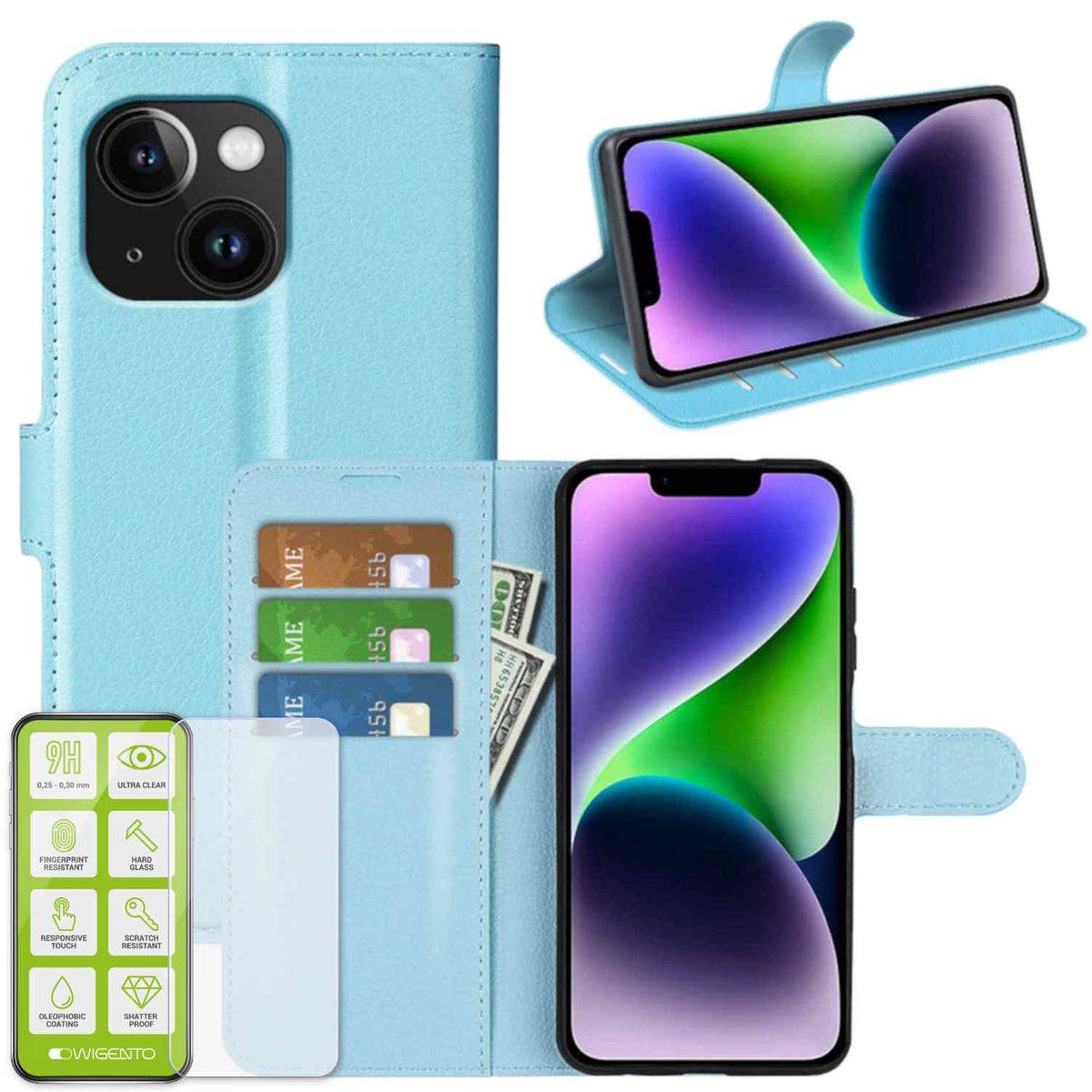 Für Apple iPhone 15 Produktset Handy Tasche Wallet + H9 Hart Glas Schutz Hülle Case Cover Etuis Zubehör Hellblau