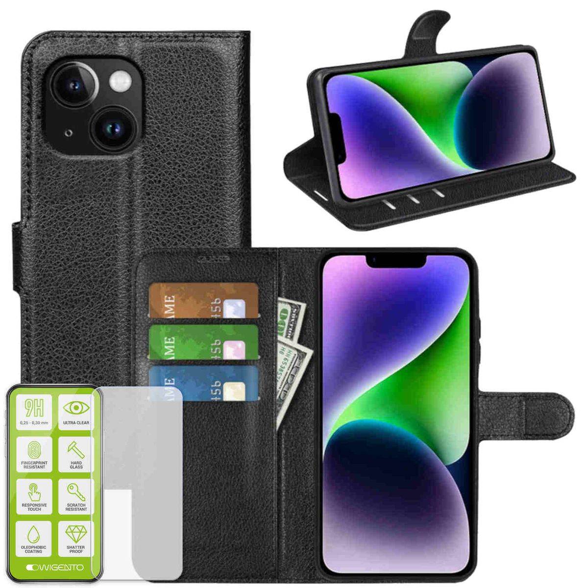Für Apple iPhone 15 Produktset Handy Tasche Wallet + H9 Hart Glas Schutz Hülle Case Cover Etuis Zubehör Schwarz