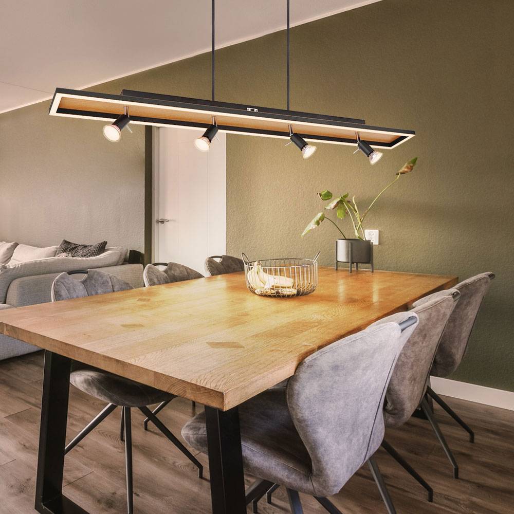 Hängelampe Esstisch Pendelleuchte schwarz Wohnzimmerlampe dimmbar, LED Hängeleuchte 4-flammig Holzoptik Spots schwenkbar, 4x GU10, LxBxH 116x12x120c