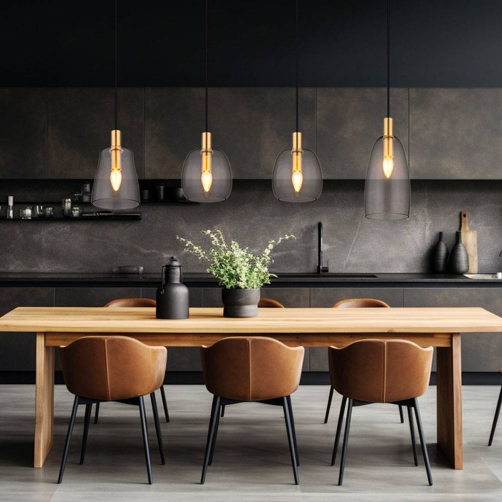 Pendellampe Esstisch Hängeleuchte 4-flammig Wohnzimmerlampe messing, Retro Pendelleuchte Glas Schirme, Metall, 4x E14 Fassung, LxBxH 107x16x120 cm