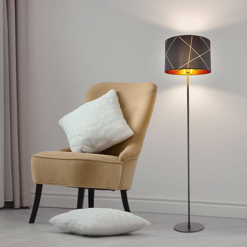 Standlampe Stehleuchte schwarz gold E27 Stehlampe Stoff, goldene Dekorlinien, Fernbedienung dimmbar, RGB LED 8,5W 806Lm, DxH 38 x 151 cm