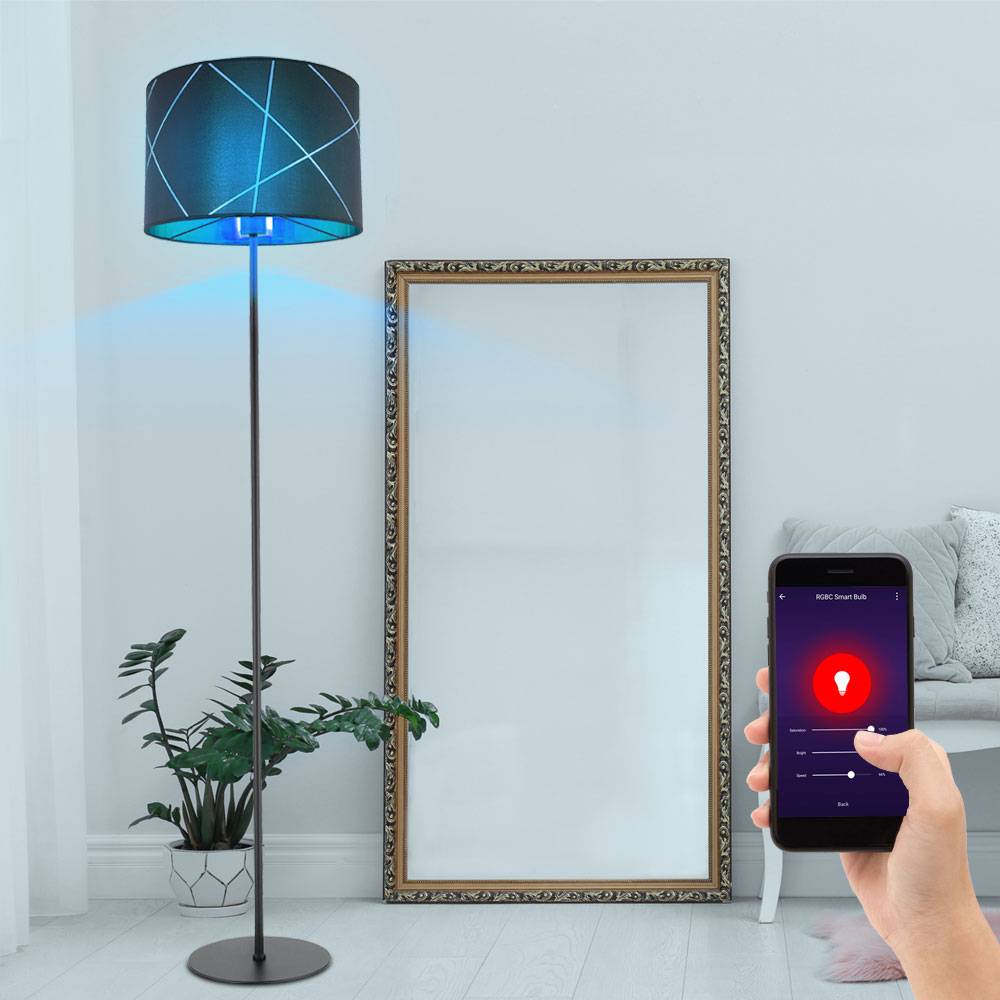 Standlampe Stehleuchte schwarz gold E27 Stehlampe Stoff, goldene Dekorlinien, App Steuerung dimmbar, Smart RGB LED 10W 806Lm, DxH 38 x 151 cm