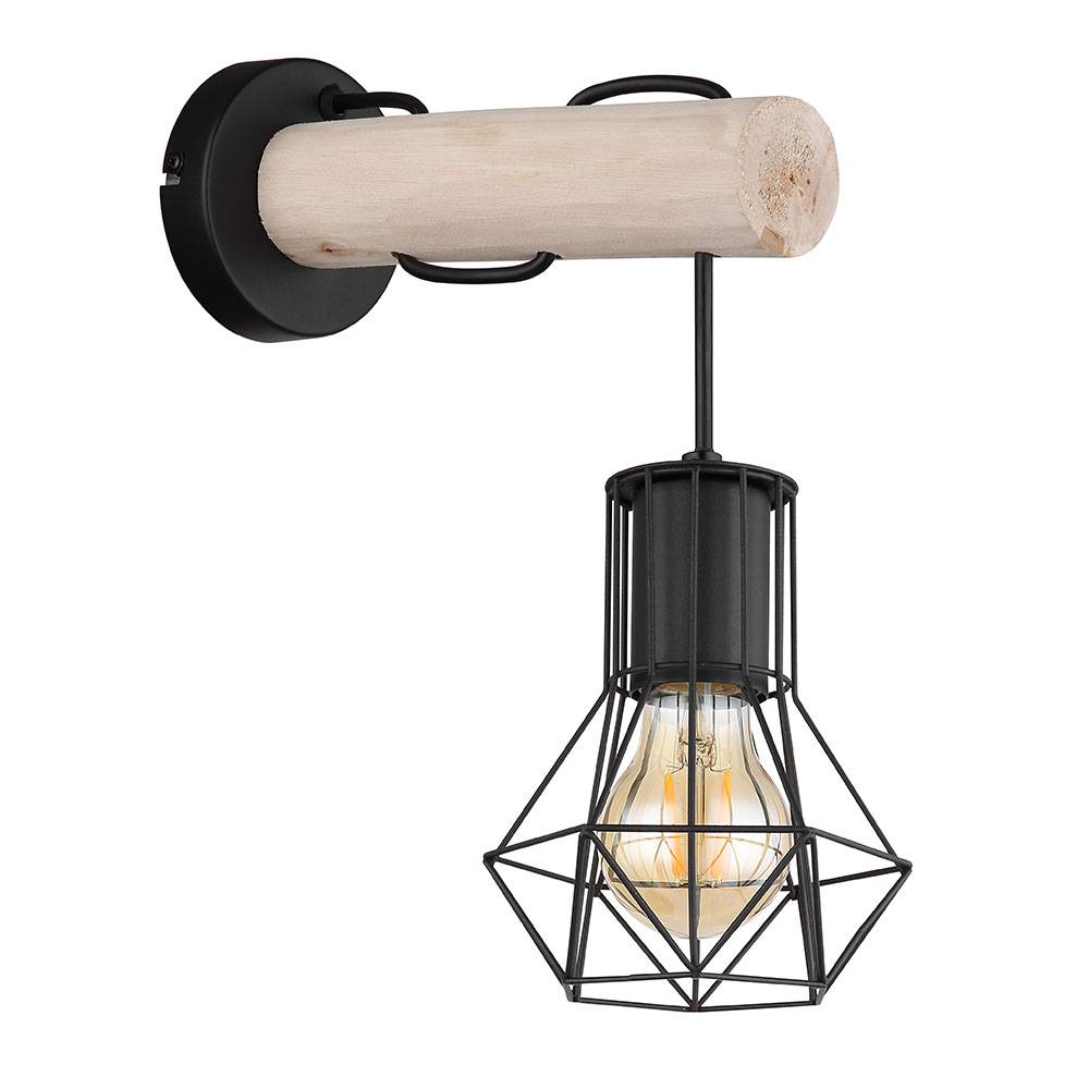 Wandleuchte Wandlampe Schlafzimmerleuchte, Holzlampe im Landhausstil, Industrial, Gitterschirm, Metall, schwarz, 1x E27 Fassung, LxBxH 27x13,3x32 cm