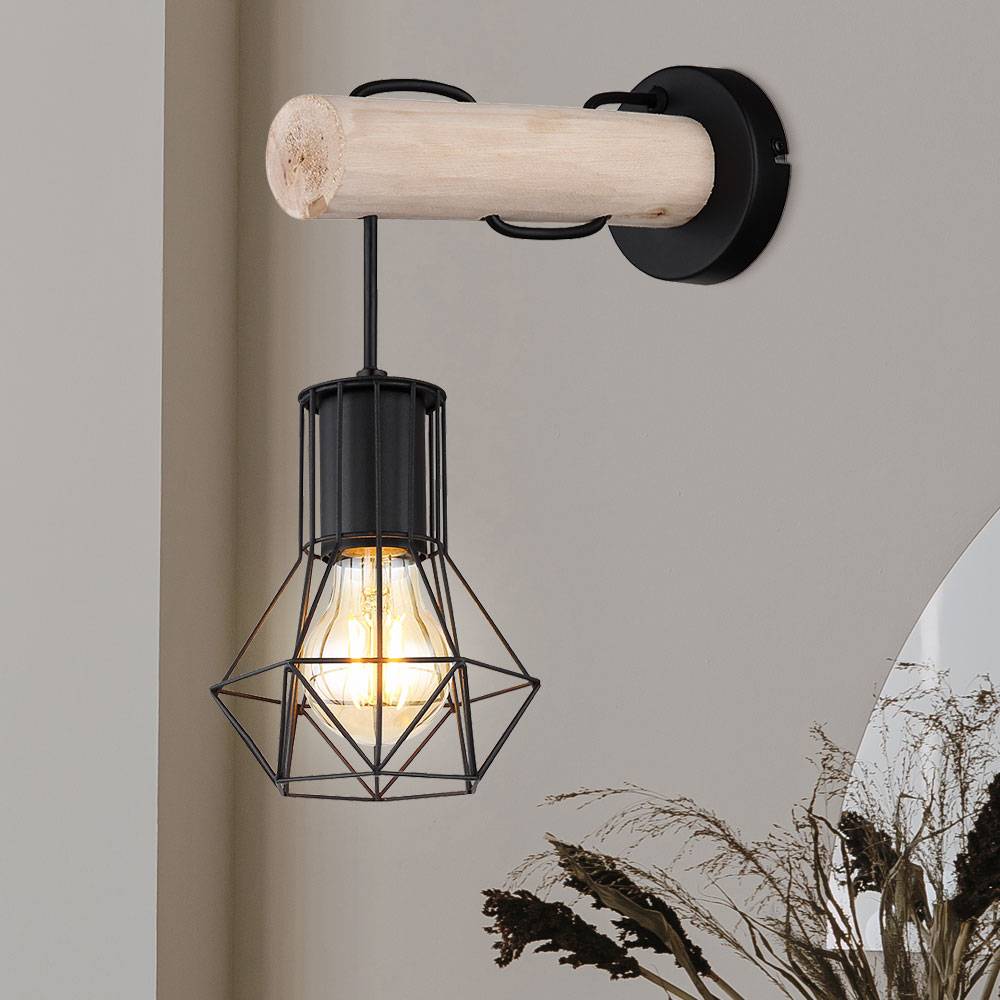 Wandleuchte Wandlampe Schlafzimmerleuchte, Holzlampe im Landhausstil, Industrial, Gitterschirm, Metall, schwarz, 1x E27 Fassung, LxBxH 27x13,3x32 cm