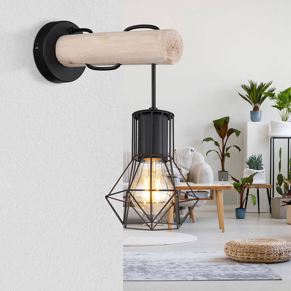 Wandleuchte Wandlampe Schlafzimmerleuchte, Holzlampe im Landhausstil, Industrial, Gitterschirm, Metall, schwarz, 1x E27 Fassung, LxBxH 27x13,3x32 cm