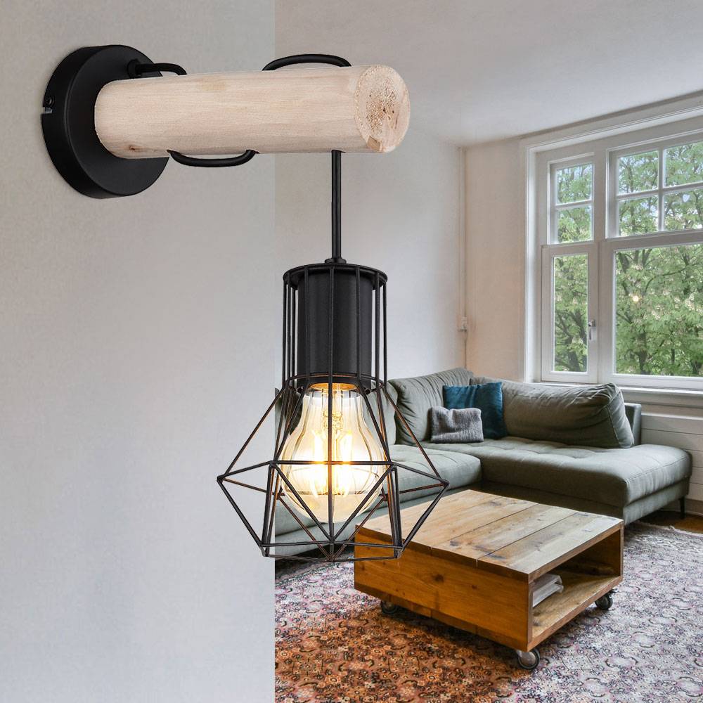Wandleuchte Wandlampe Schlafzimmerleuchte, Holzlampe im Landhausstil, Industrial, Gitterschirm, Metall, schwarz, 1x E27 Fassung, LxBxH 27x13,3x32 cm