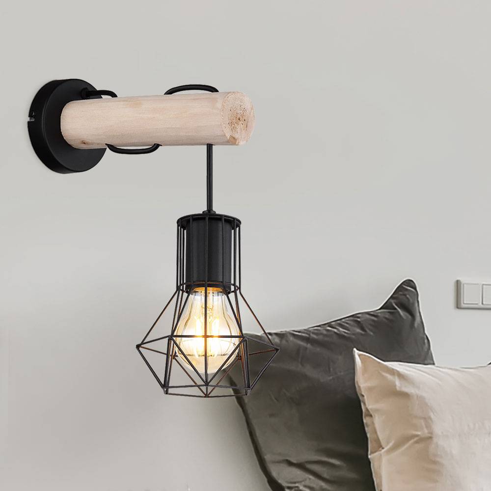Wandleuchte Wandlampe Schlafzimmerleuchte, Holzlampe im Landhausstil, Industrial, Gitterschirm, Metall, schwarz, 1x E27 Fassung, LxBxH 27x13,3x32 cm