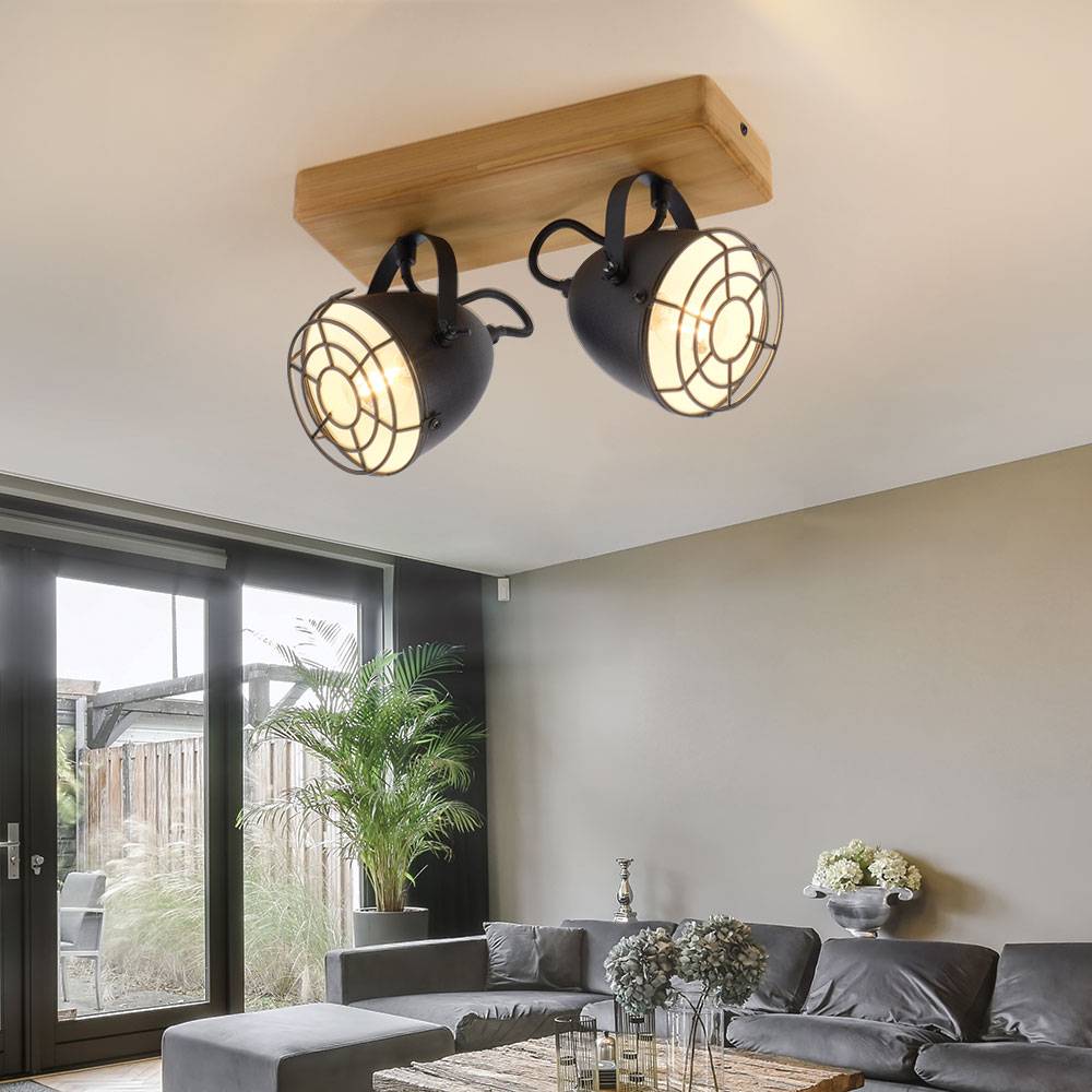 Deckenlampe Spotleiste schwarz Schlafzimmerlampe 2-flammig Landhaus Holzlampe, schwenkbare Strahler, Metall matt, 2x E14 Fassung, LxBxH 30,5x17x20