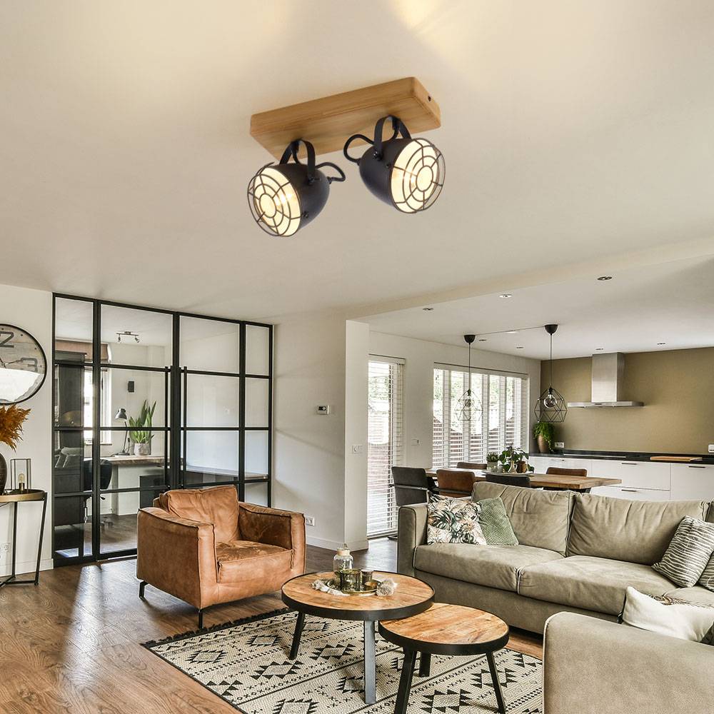 Deckenlampe Spotleiste schwarz Schlafzimmerlampe 2-flammig Landhaus Holzlampe, schwenkbare Strahler, Metall matt, 2x E14 Fassung, LxBxH 30,5x17x20