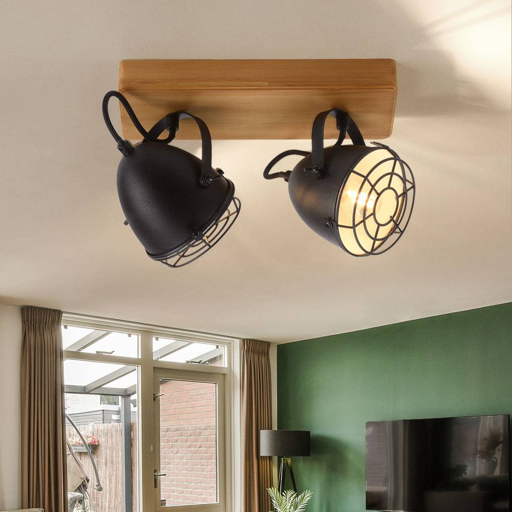 Deckenlampe Spotleiste schwarz Schlafzimmerlampe 2-flammig Landhaus Holzlampe, schwenkbare Strahler, Metall matt, 2x E14 Fassung, LxBxH 30,5x17x20
