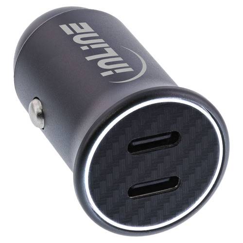 Ein schwarzes, zylindrisches USB-Autoladeadapter mit zwei USB-C-Anschlüssen und der Aufschrift „INLINE