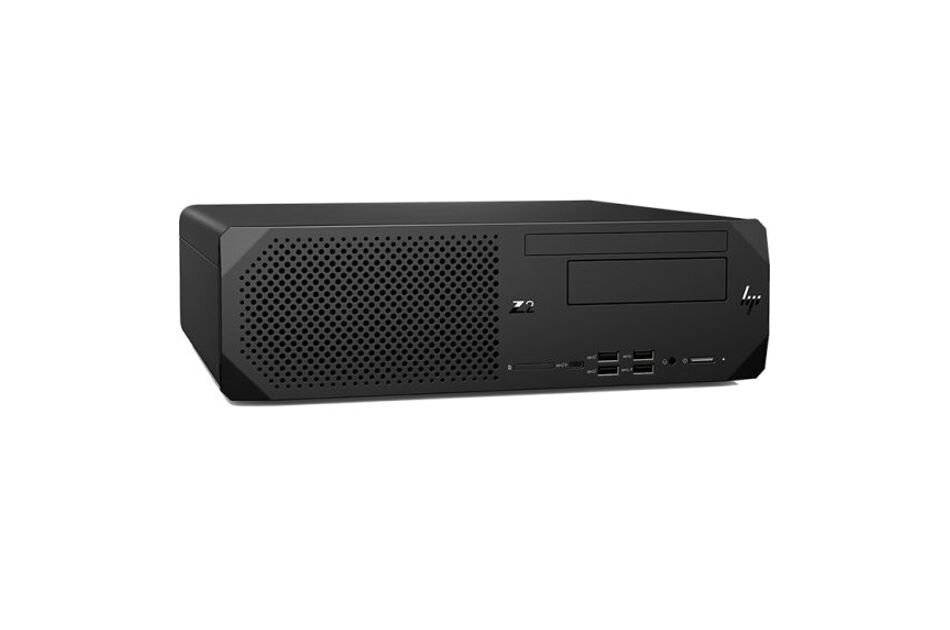 Ein schwarzer Desktop-Computerturm mit Frontbelüftungsblende, optischem Laufwerkschacht und mehreren USB-Anschlüssen am unteren vorderen Bereich.