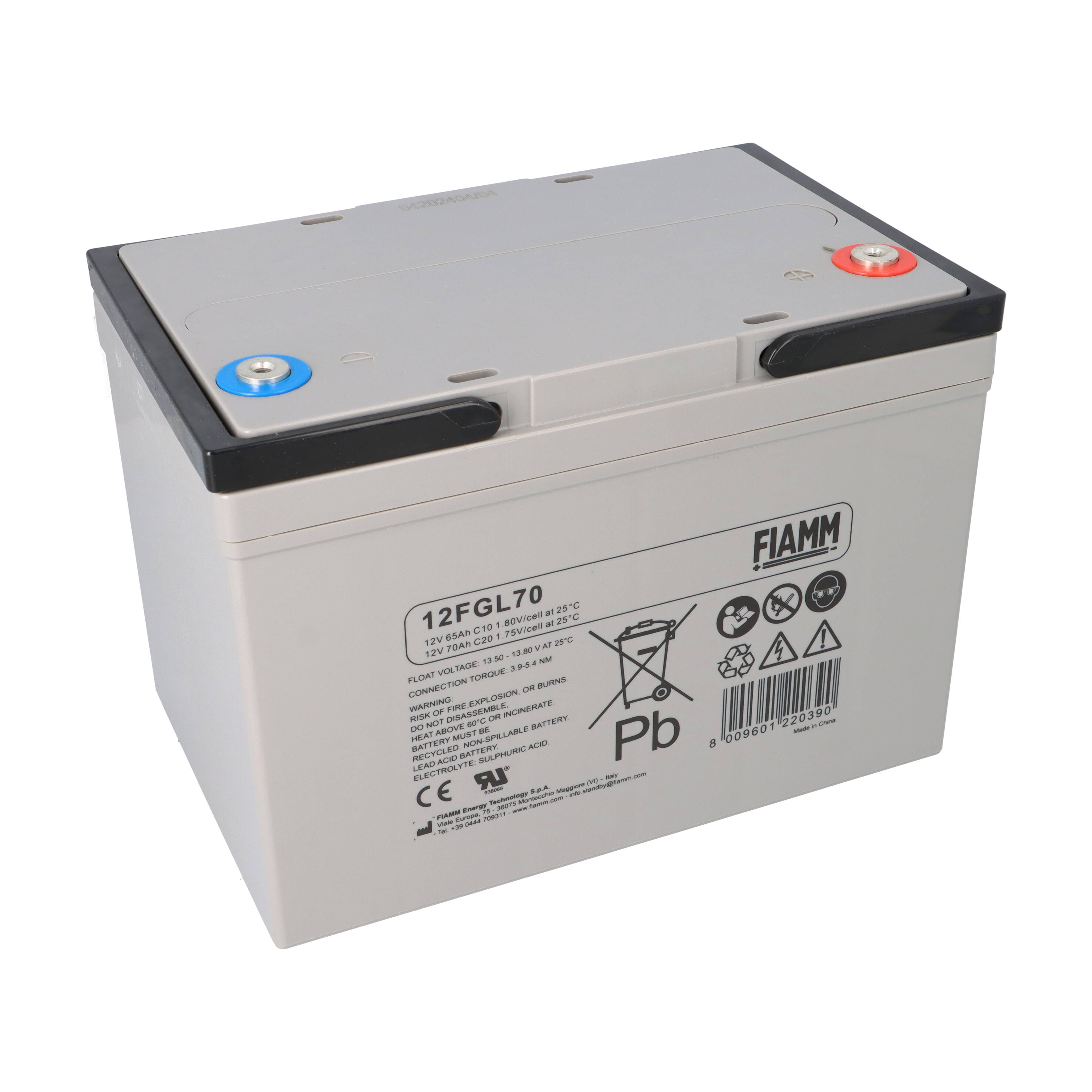 Eine graue Batterie mit der Bezeichnung „FIAMM 12FGL70