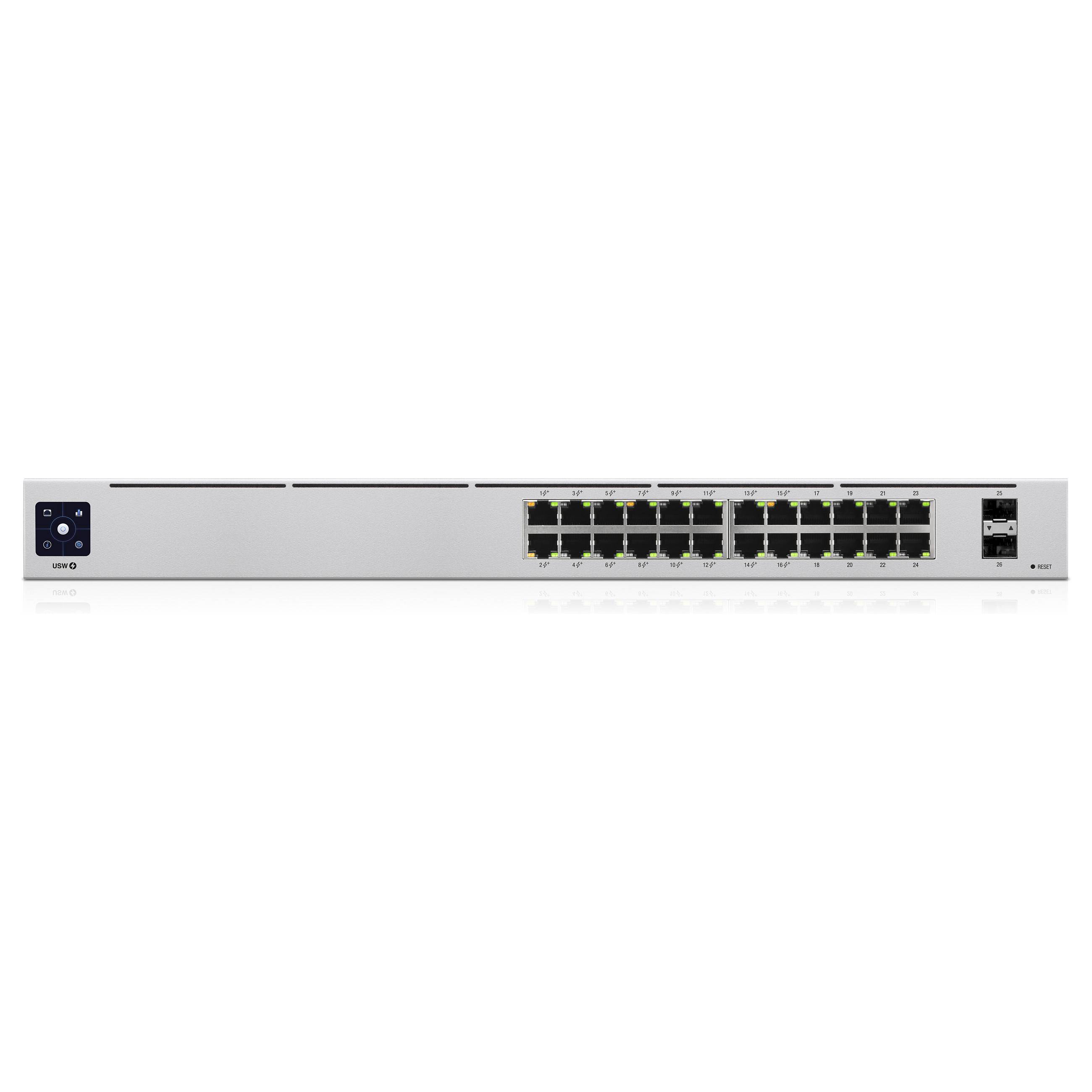 Netzwerk-Switch mit mehreren Ethernet-Anschlüssen, Stromversorgungsanzeige und Verwaltungsschnittstelle.