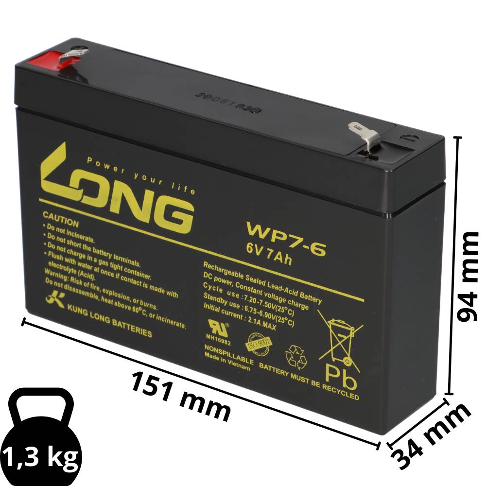 Kung Long WP7-6 AGM Akku 6V 7Ah – passend für Exide Powerfit S306/7S