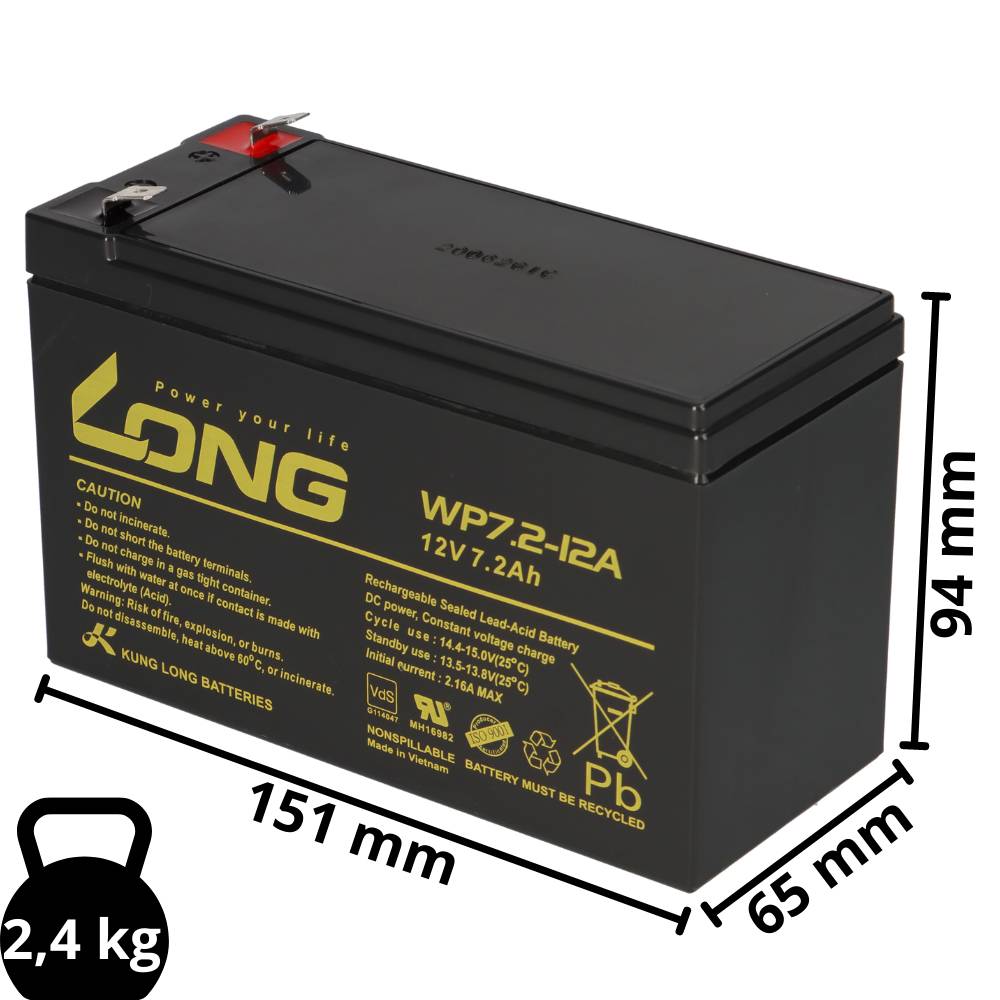 6x Kung Long WP7,2-12A F2 AGM-Akkus 12V 7,2Ah – passend für Benning Enertronic S 2,5kVA