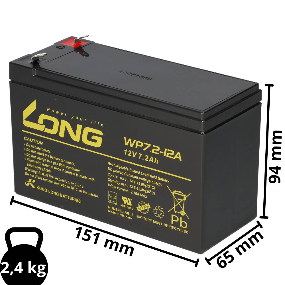 4x Kung Long WP7.2-12A AGM Akku 12V 7,2Ah – F1 4,8mm