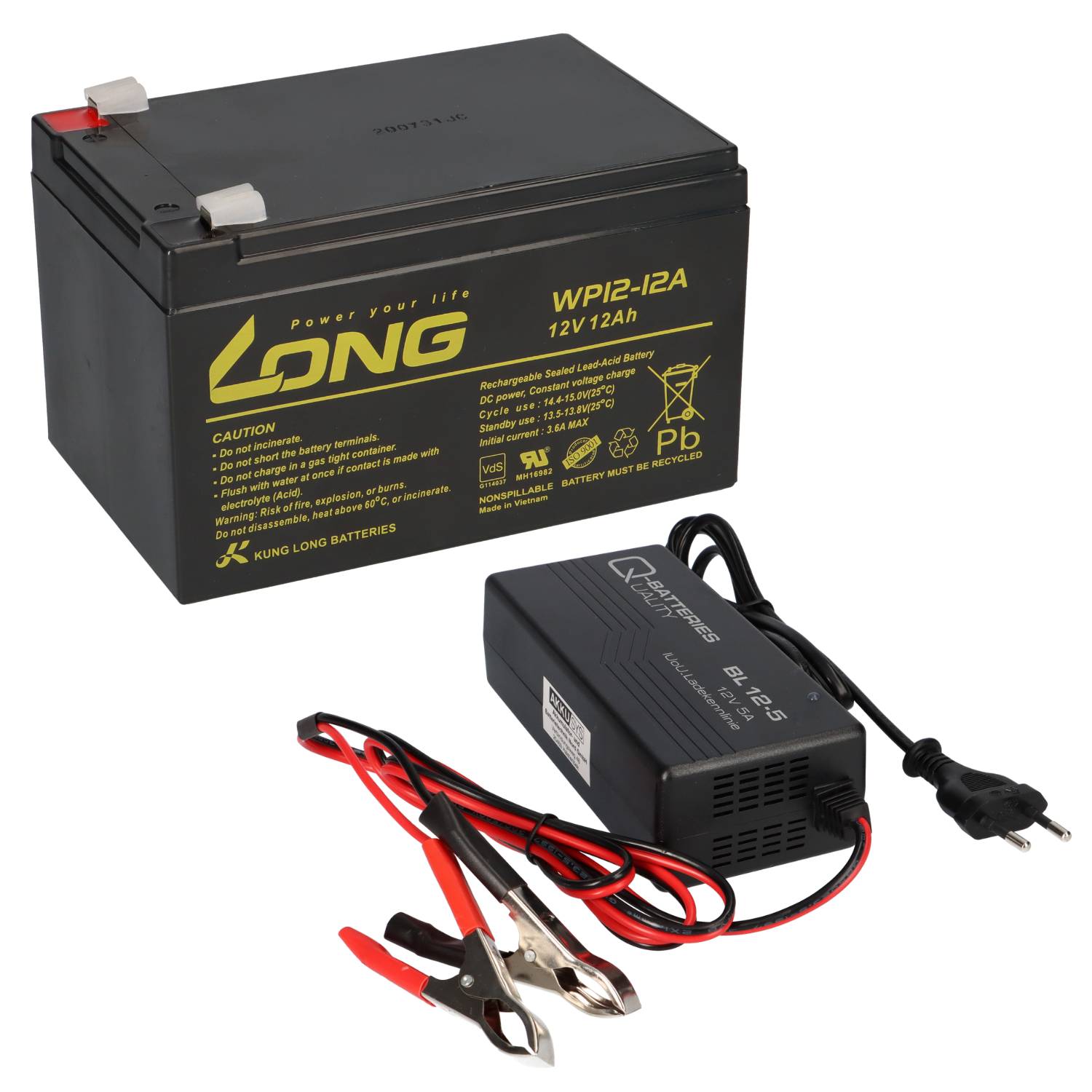 Kung Long WP12-12 12V 12Ah + 5A Ladegerät – AGM Schnellladeset