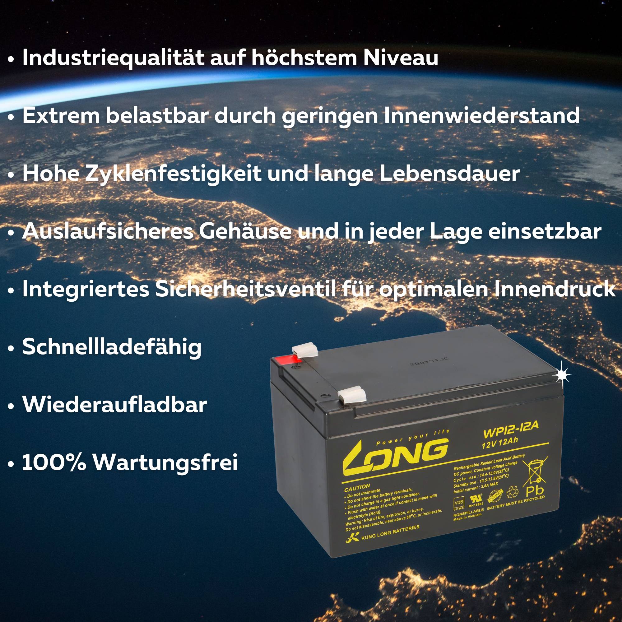 Kung Long WP12-12 12V 12Ah + 5A Ladegerät – AGM Schnellladeset