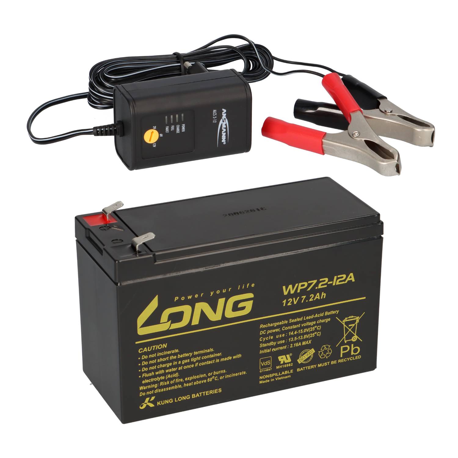 Kinderfahrzeug Akku 12V 7,2Ah mit Ladegerät – Kung Long AGM, Faston 6,3 mm