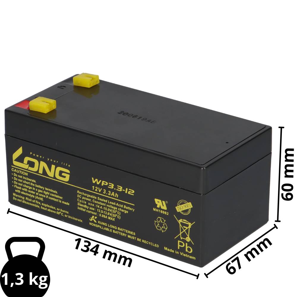 Kung Long WP3.3-12 AGM Akku 12V 3,3Ah – passend für BAT-LEAD-06 | VdS-Ausführung