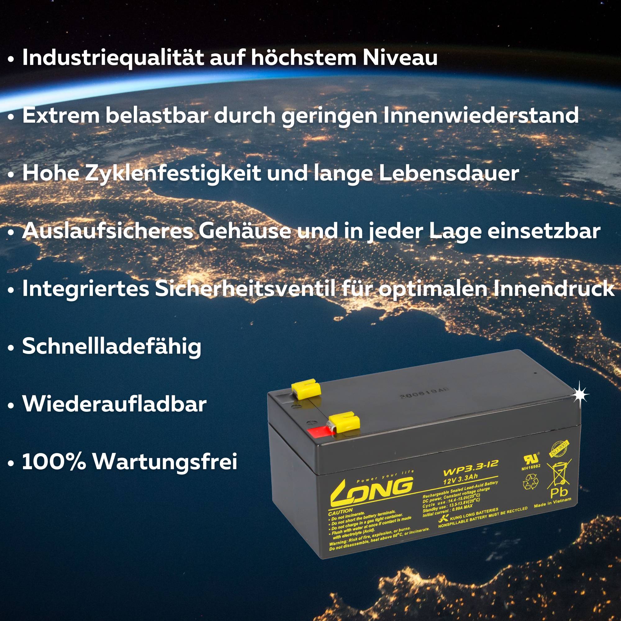 Kung Long WP3.3-12 AGM Akku 12V 3,3Ah – passend für BAT-LEAD-06 | VdS-Ausführung