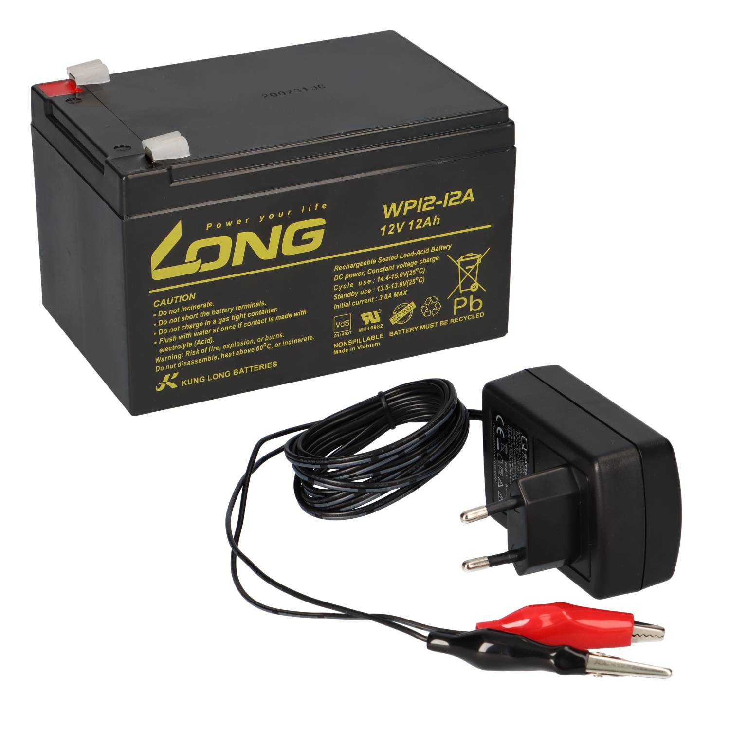Kung Long WP12-12 12V 12Ah + 1A Ladegerät – AGM Komplettset