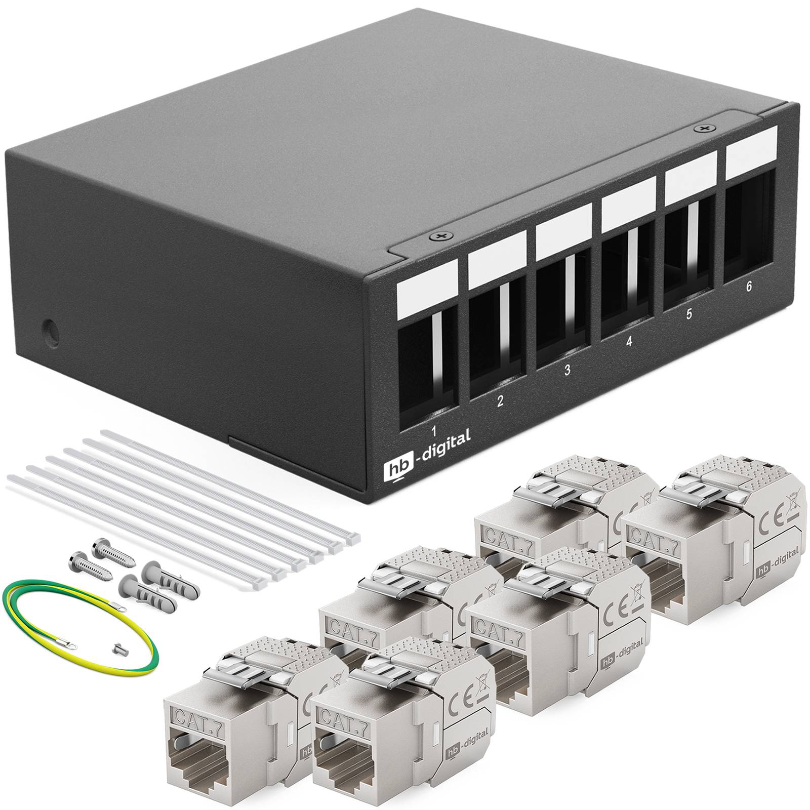 hb-digital Patch Panel 6 Port mit 6 x Keystone Module Cat 7 schwarz