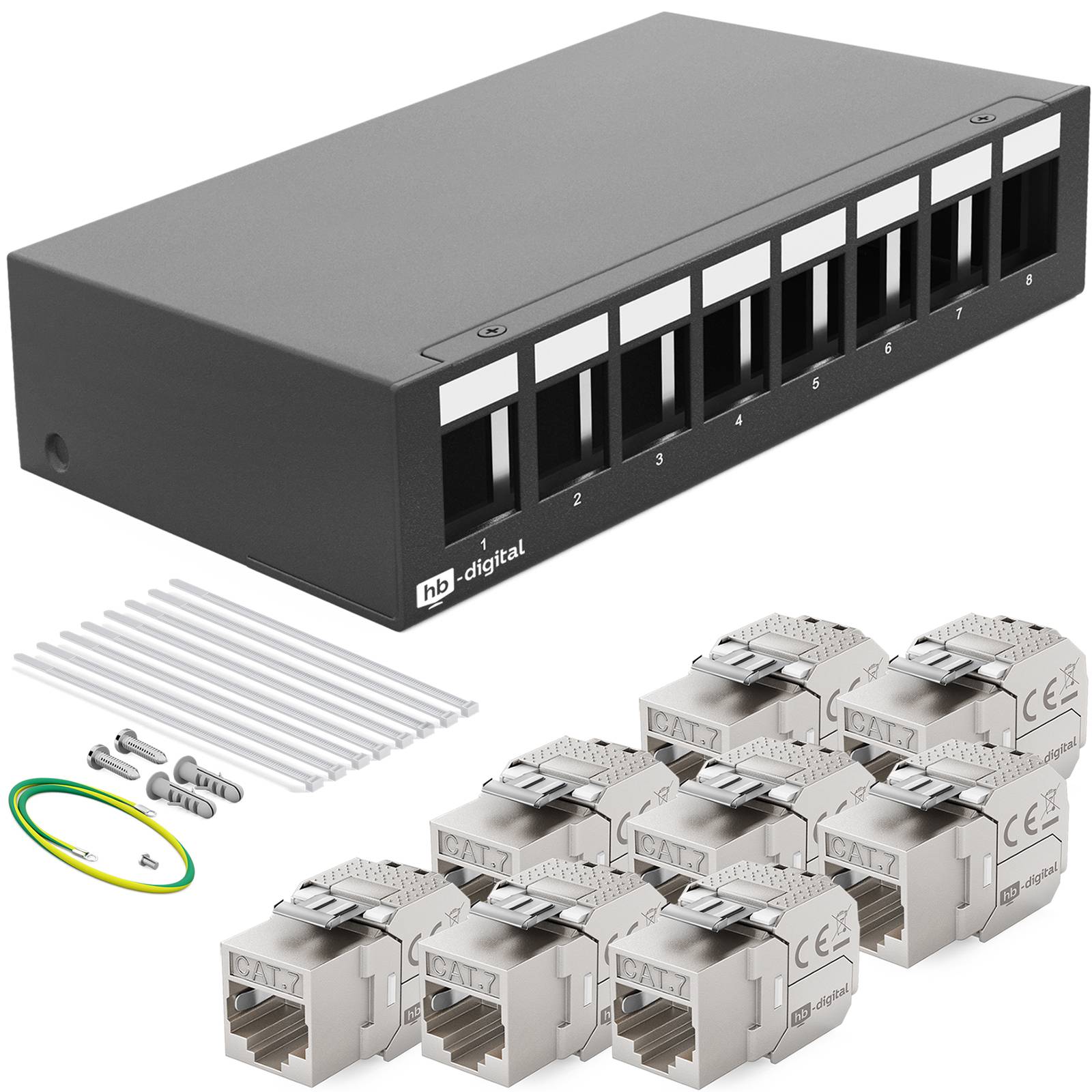 hb-digital Patch Panel 8 Port mit 8 x Keystone Module Cat 7 schwarz
