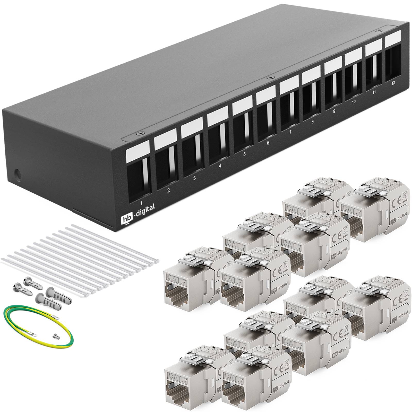 hb-digital Patchpanel 12 Port mit 12 x Keystone Module Cat 7 schwarz