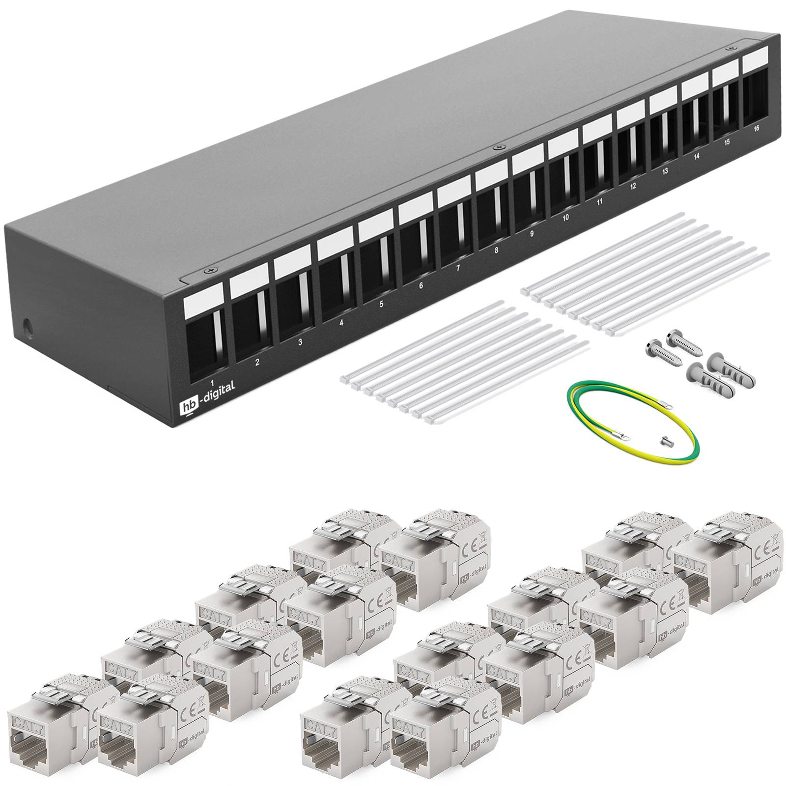 hb-digital Patchpanel 16 Port mit 16 x Keystone Module Cat 7 schwarz
