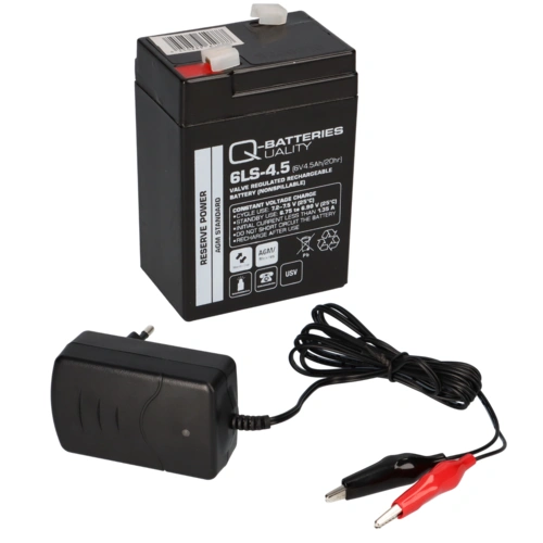 Set Q-Batteries BL 6-0,6 Ladegerät + Blei Akku 6LS-4.5 6V 4,5Ah Blei-Vlies AGM VRLA Set Q-Batteries BL 6-0,6 Ladegerät + Blei Akku 6LS-4.5 6V 4,5Ah Blei-Vlies AGM VRLA