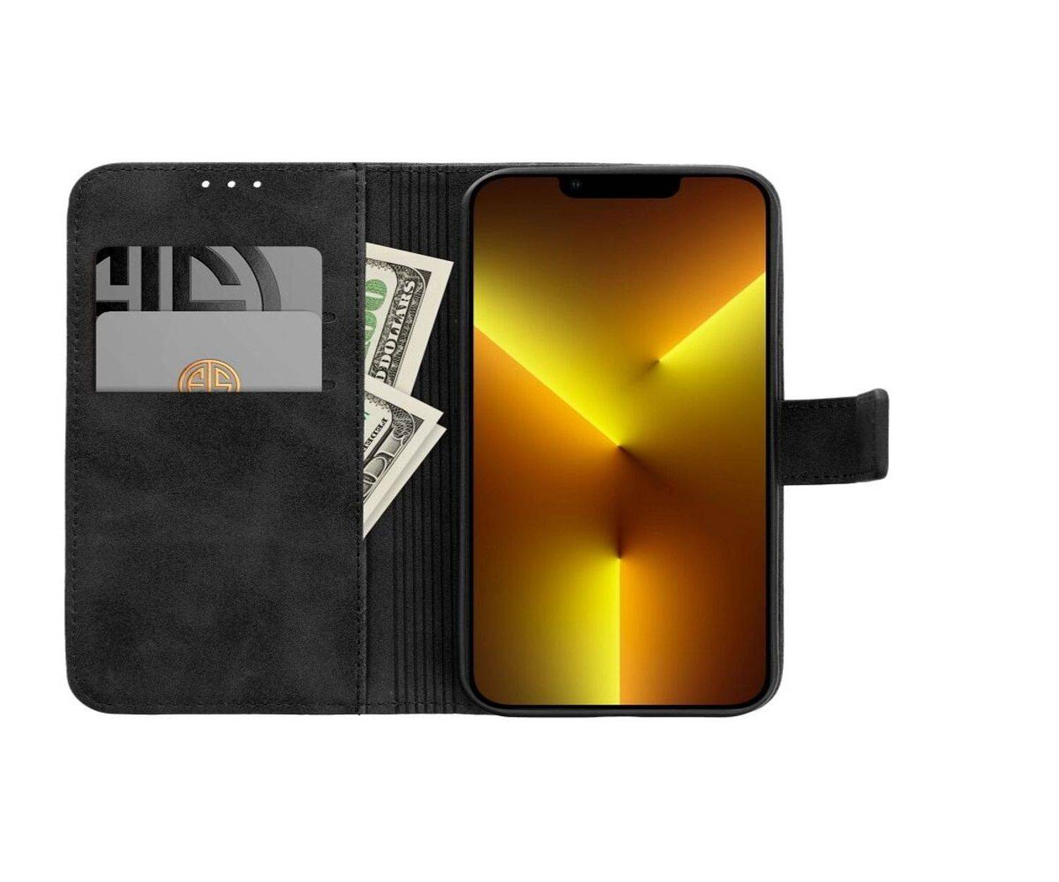 Tender Buchtasche Leder Hülle Magnet Tasche kompatibel mit iPhone 15 Pro Schwarz