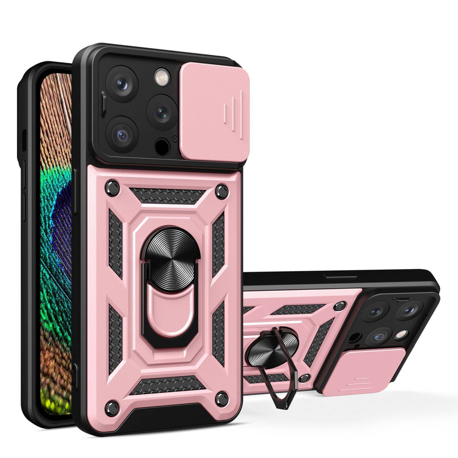 Hybrid Armor Camshield-Hülle mit Ring Ständer und Kameraschutz für iPhone 15 Plus Pink