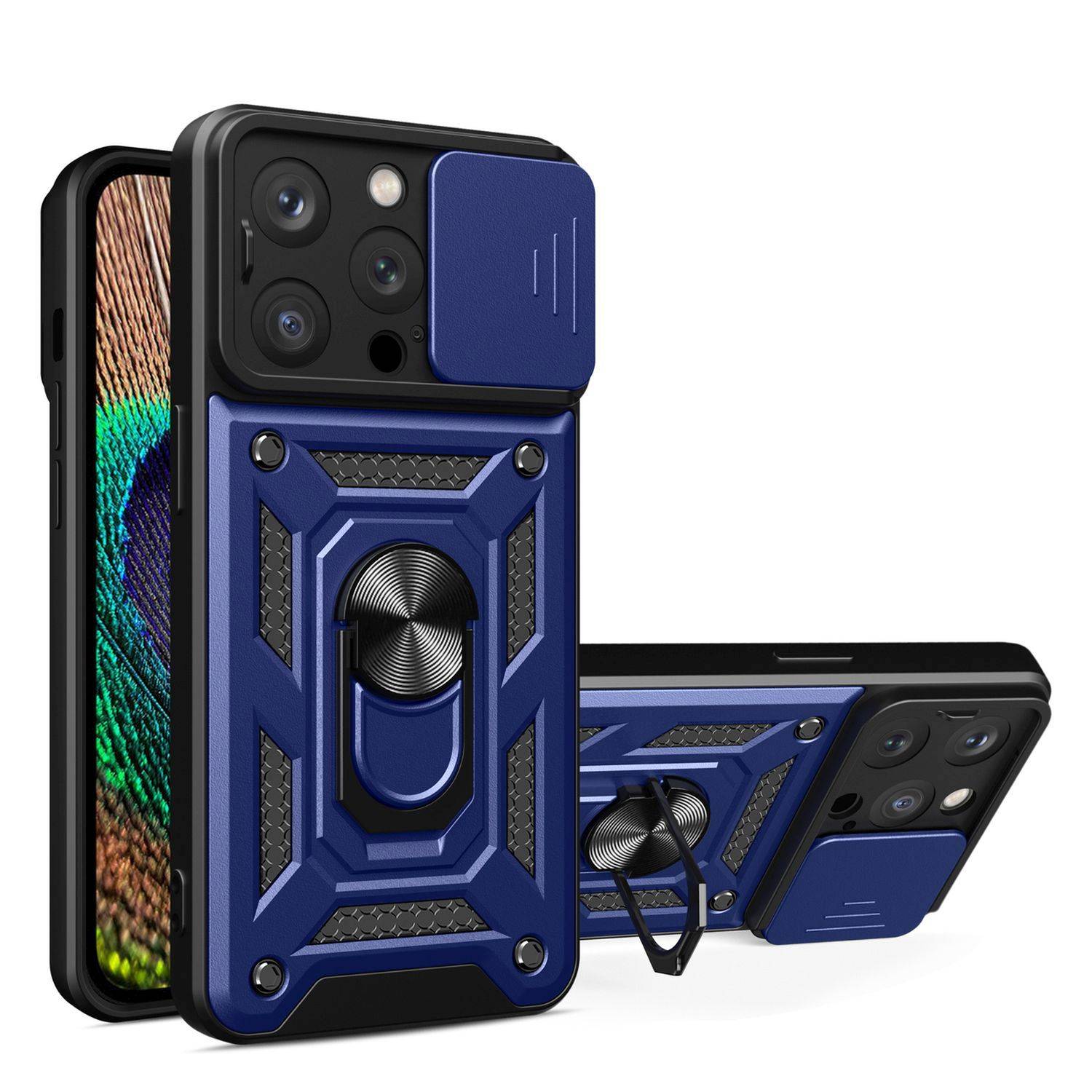 Hybrid Armor Camshield-Hülle mit Ring Ständer und Kameraschutz für iPhone 15 Blau