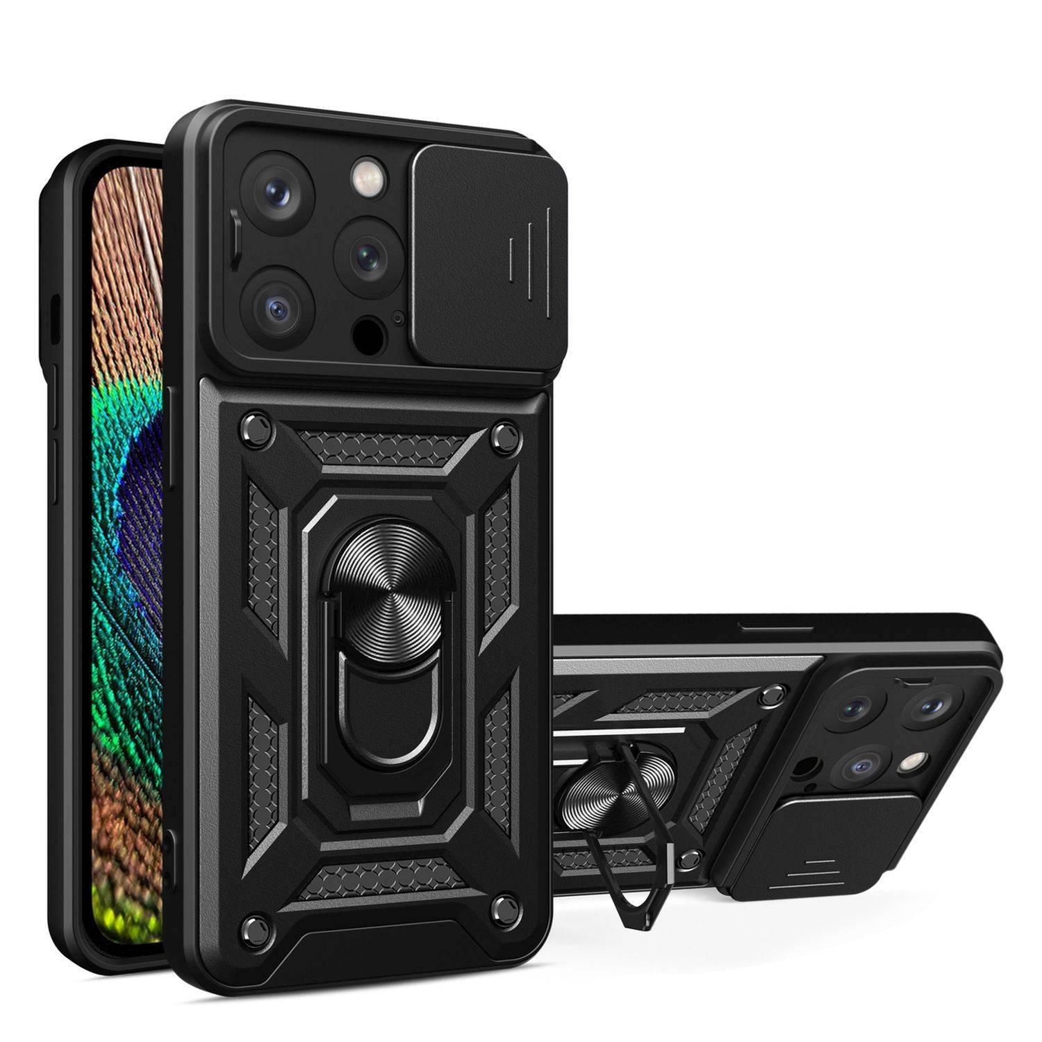 Hybrid Armor Camshield-Hülle mit Ring Ständer und Kameraschutz für iPhone 15 Pro Schwarz