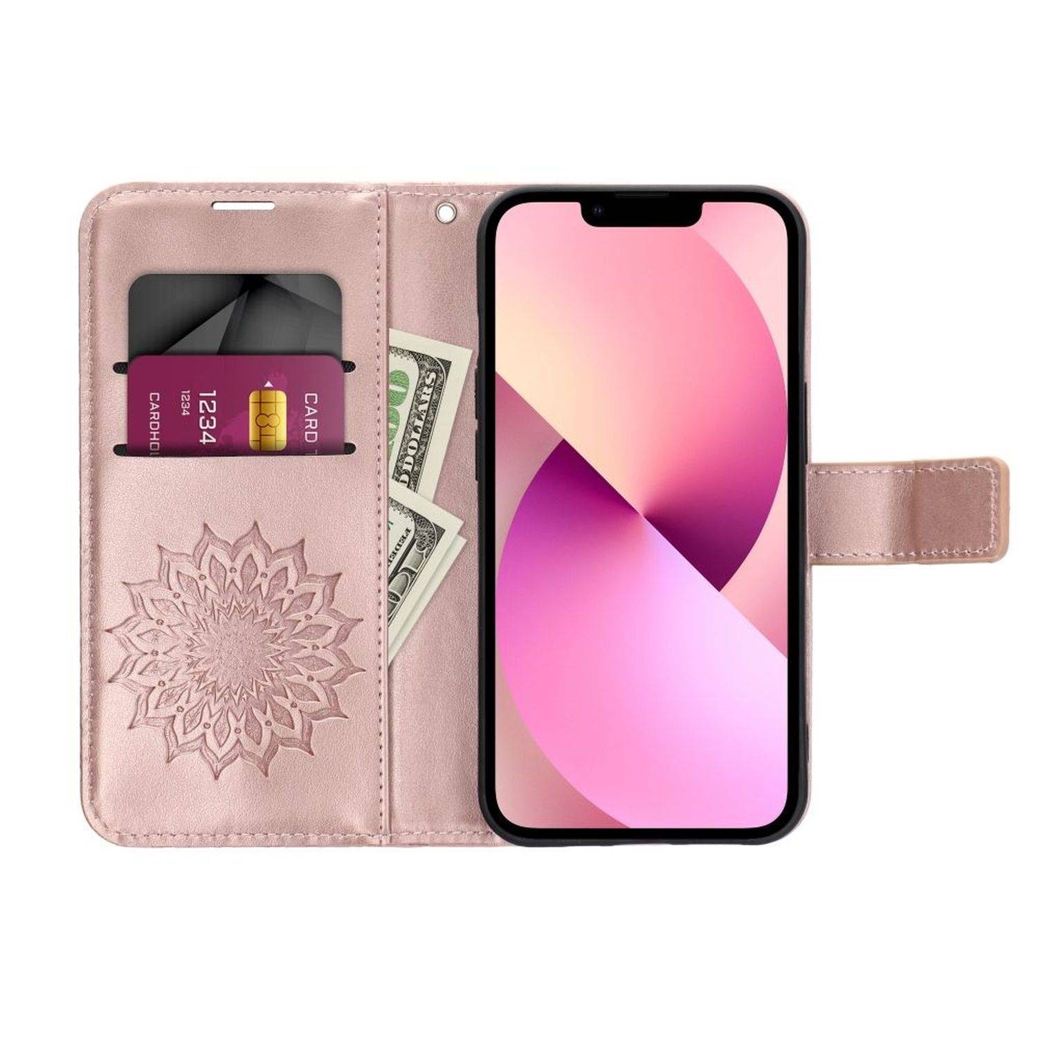 Mezzo Buchtasche Mandala Magnet Hülle kompatibel mit iPhone 15 Pro Max Rose